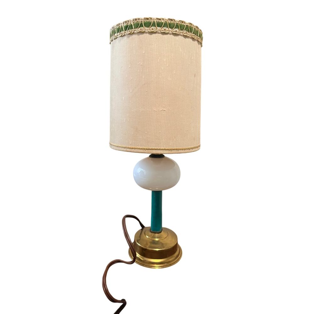 Vintage Mid Century Modern Brass & Green Accent Table Lamp Original Drum Shade